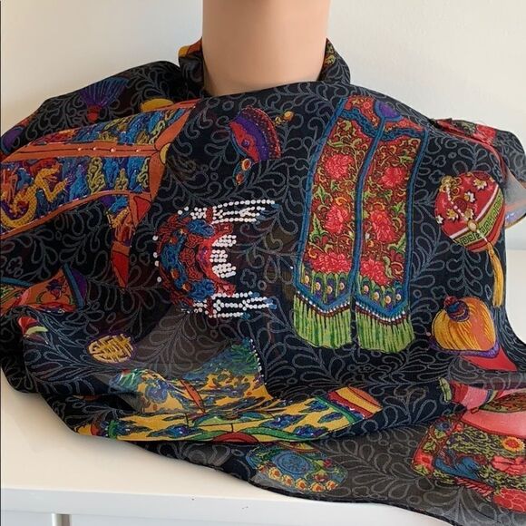 Vintage Chinese clothing design black rayon scarf - Picture 7 of 10